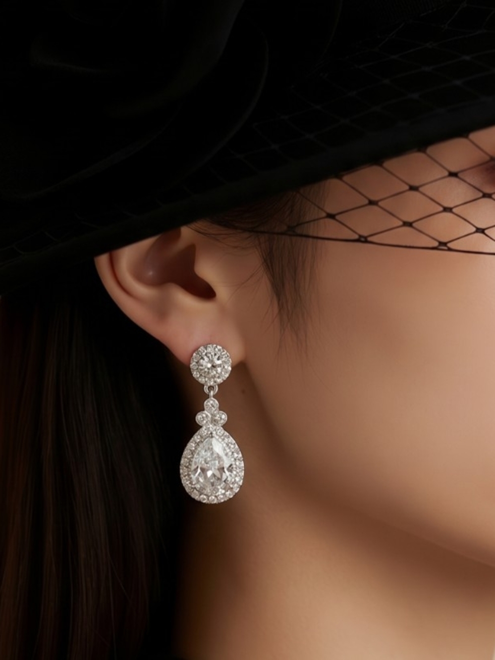 Givenchy Elegant Silver Teardrop Crystal Drop Earrings - Women Jewelry